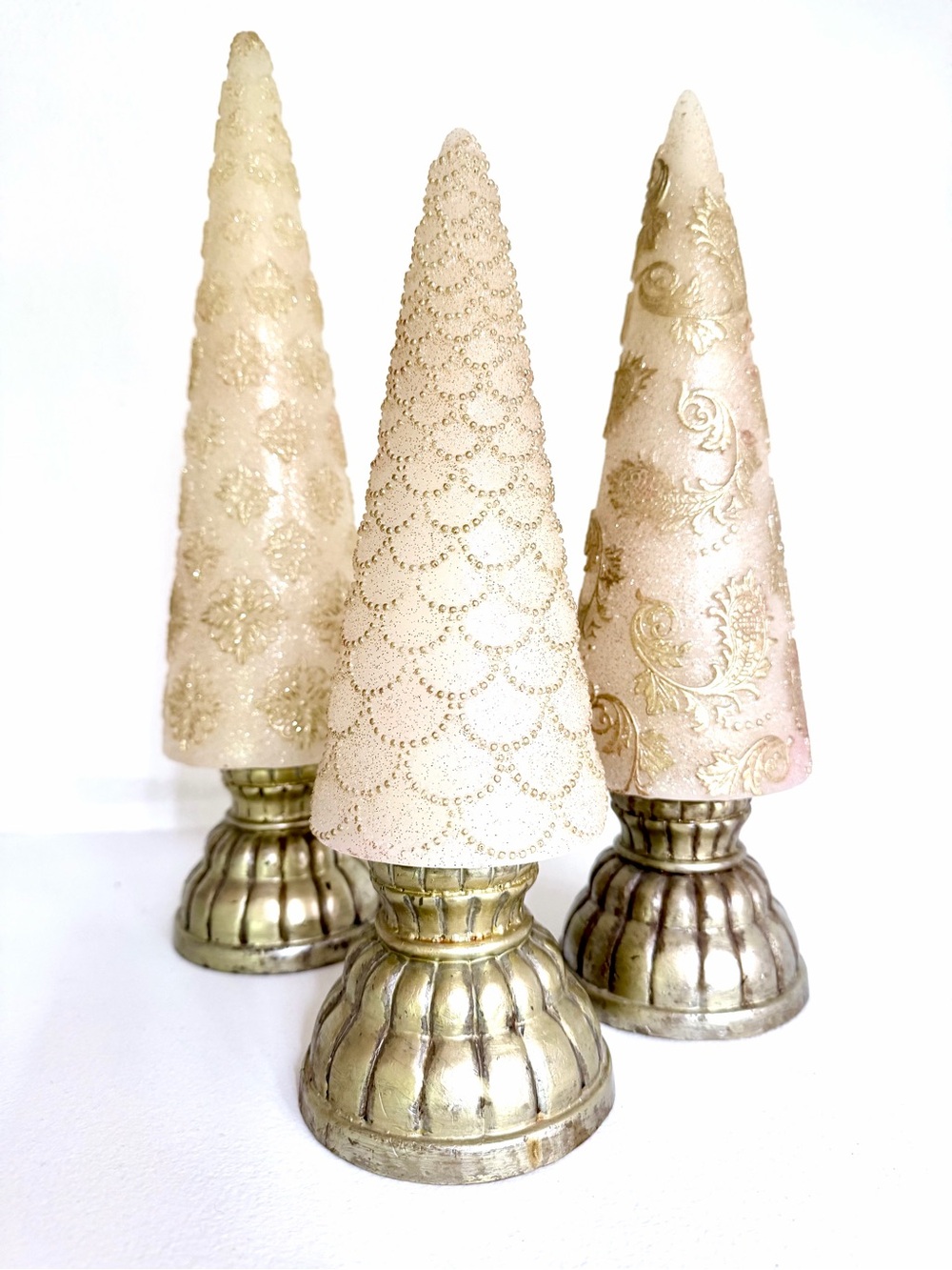 Three Illuminating Gold Wax Holiday Cone Trees - Picture 1 of 16